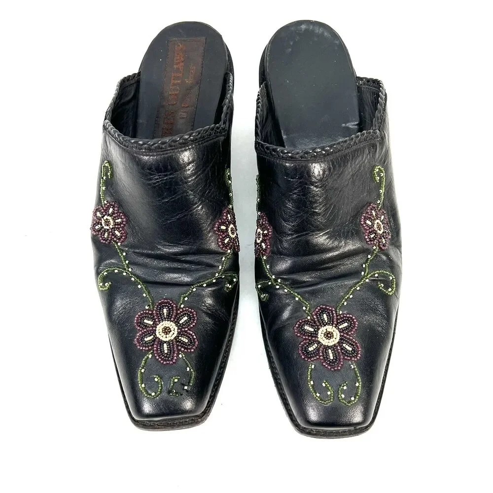 Tres Outlaws Hand Beaded Black Leather Mules Boots Booties Square Toe Size 7C